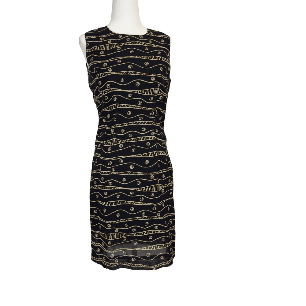 Breeches Vintage 90s Black Tan Geometric Swirl Shift Dress Sleeveless Rayon 4